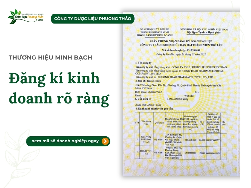 Giấy chứng nhận đăng ký doanh nghiệp Dược Liệu Phương Thảo.